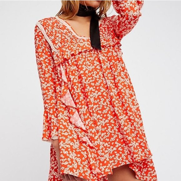Free People Dresses & Skirts - Free People Red Floral Long Sleeve Boho Dress